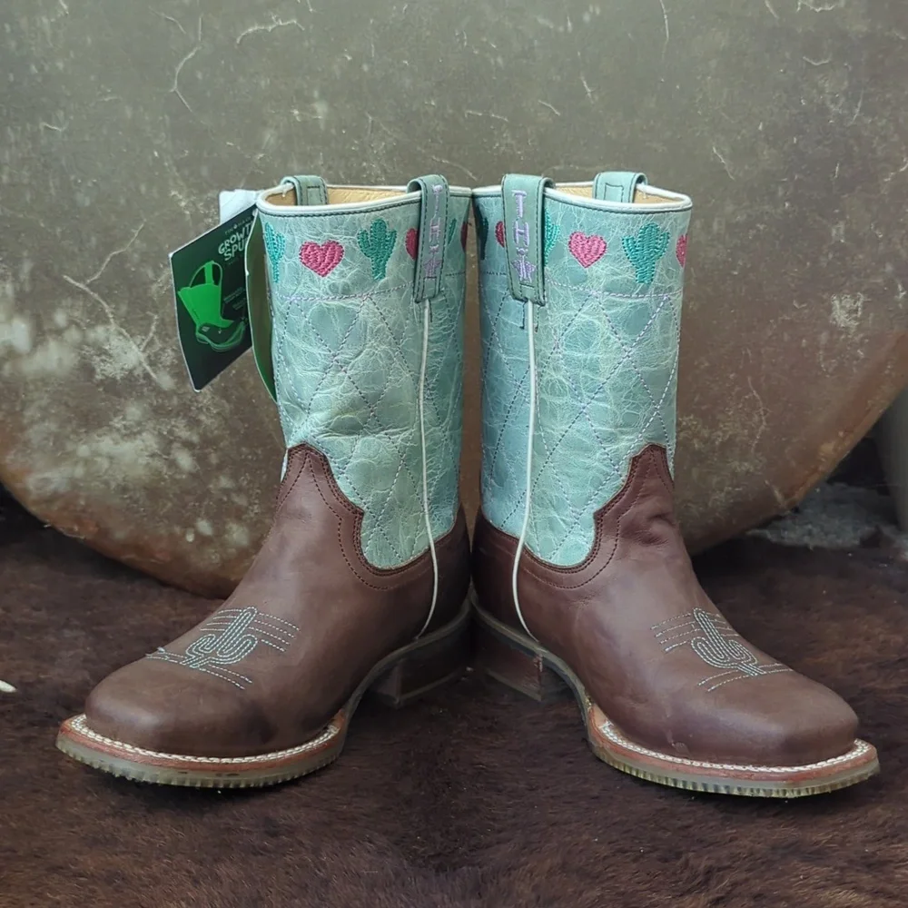 TIN HAUL I<3 Cactus🌵 cowgirl boots brown/lake green/pink sz 2 little girl NWT